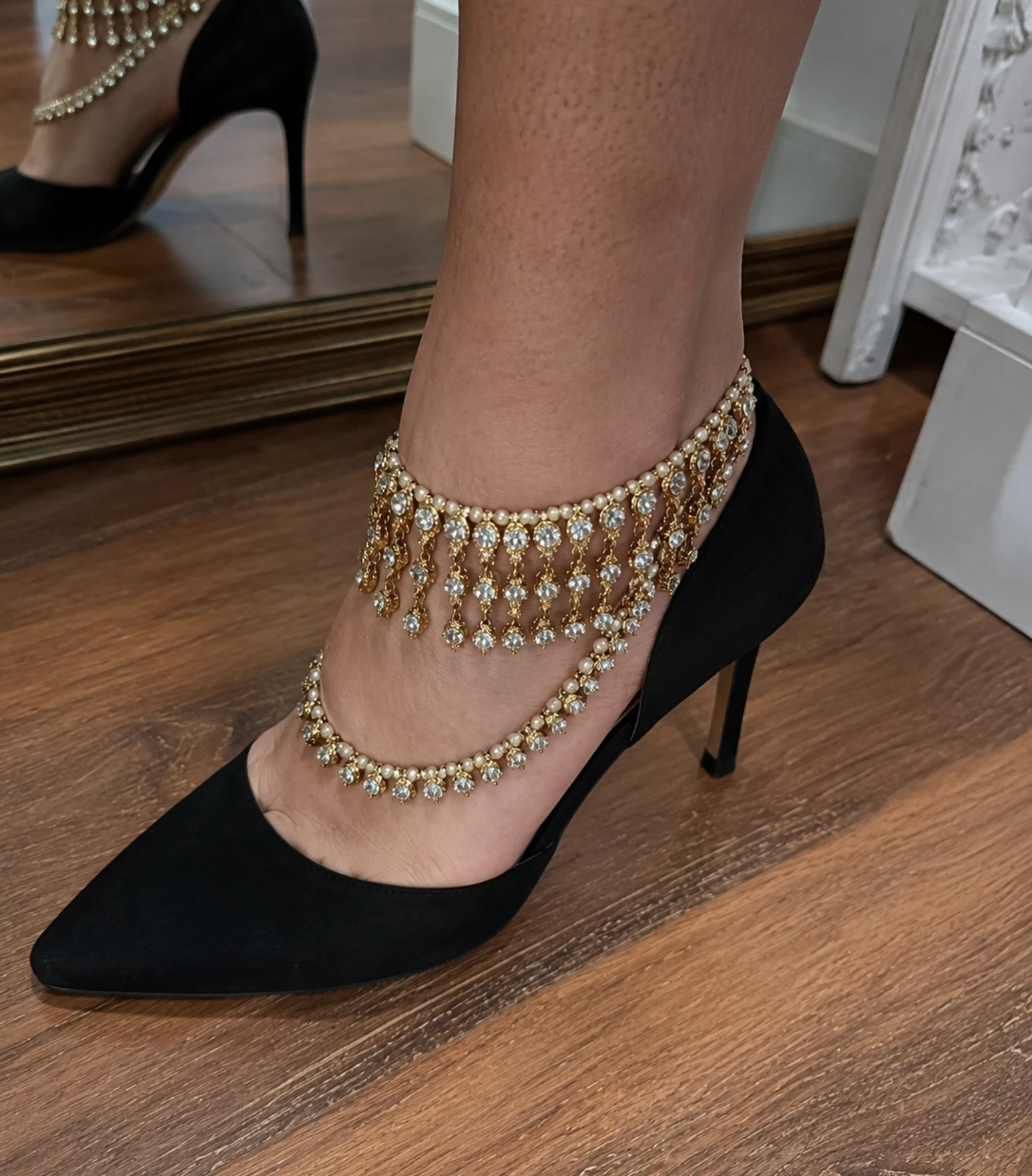 Tobillera brillante con flecos ajustable elegante adorno tacón 